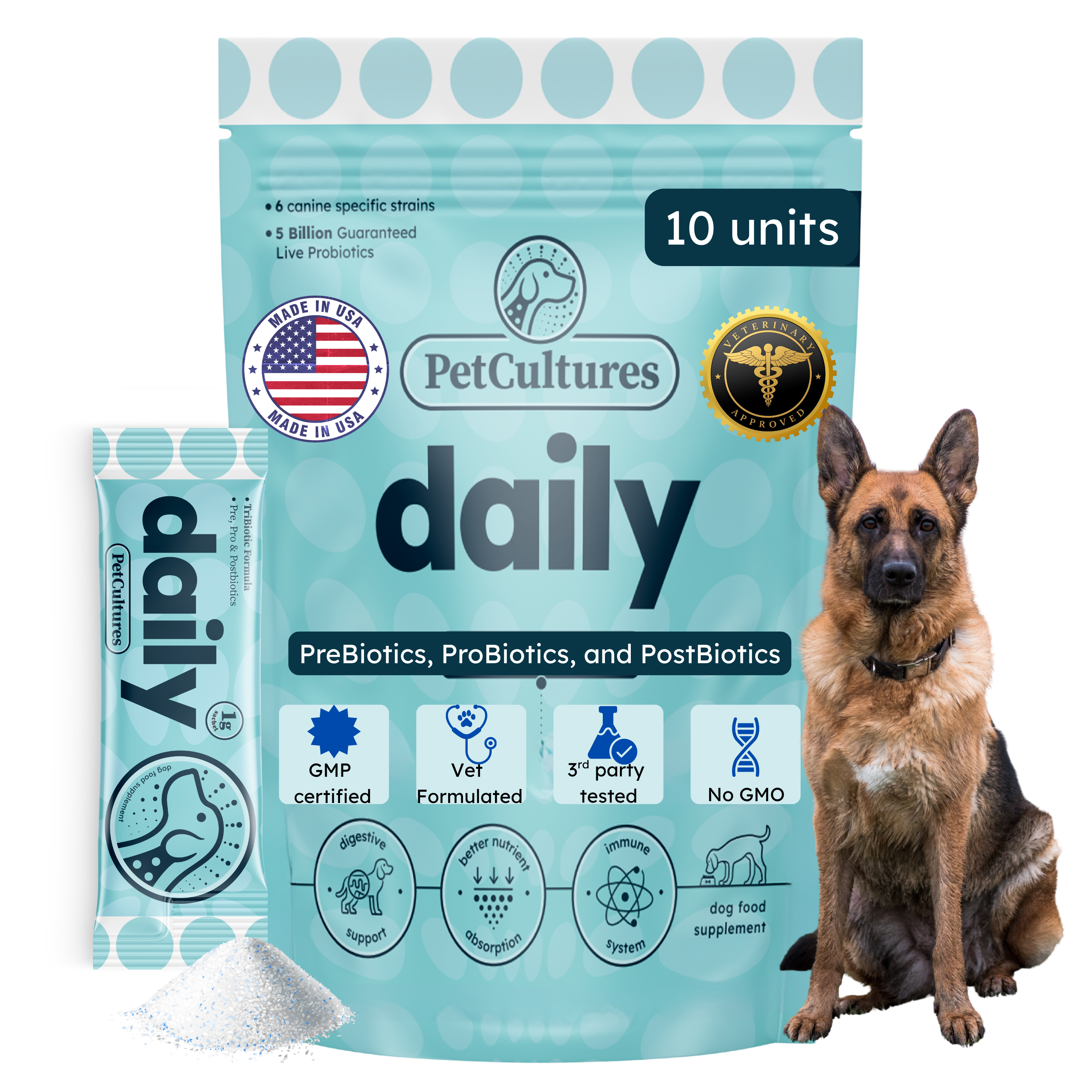 Probiótico diario para perros PetCultures: suplemento para la salud intestinal Tribiotic