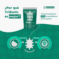 Cadera y Articulaciones| Absorcion superior de Glucosamina, MSM y Condroitina | Suplemento canino - PetCultures Canine Dog Probiotics Prebiotics Postbiotics Supplement For Gut Health Box Front