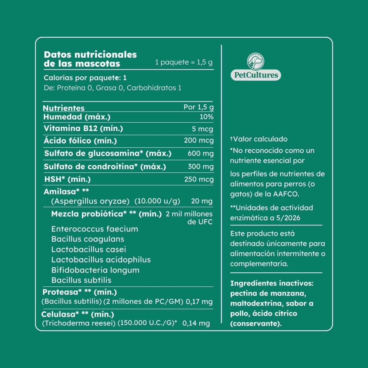 Cadera y Articulaciones| Absorción superior de Glucosamina, MSM y Condroitina | Suplemento canino - PetCultures Canine Dog Probiotics Prebiotics Postbiotics Supplement For Gut Health Box Front