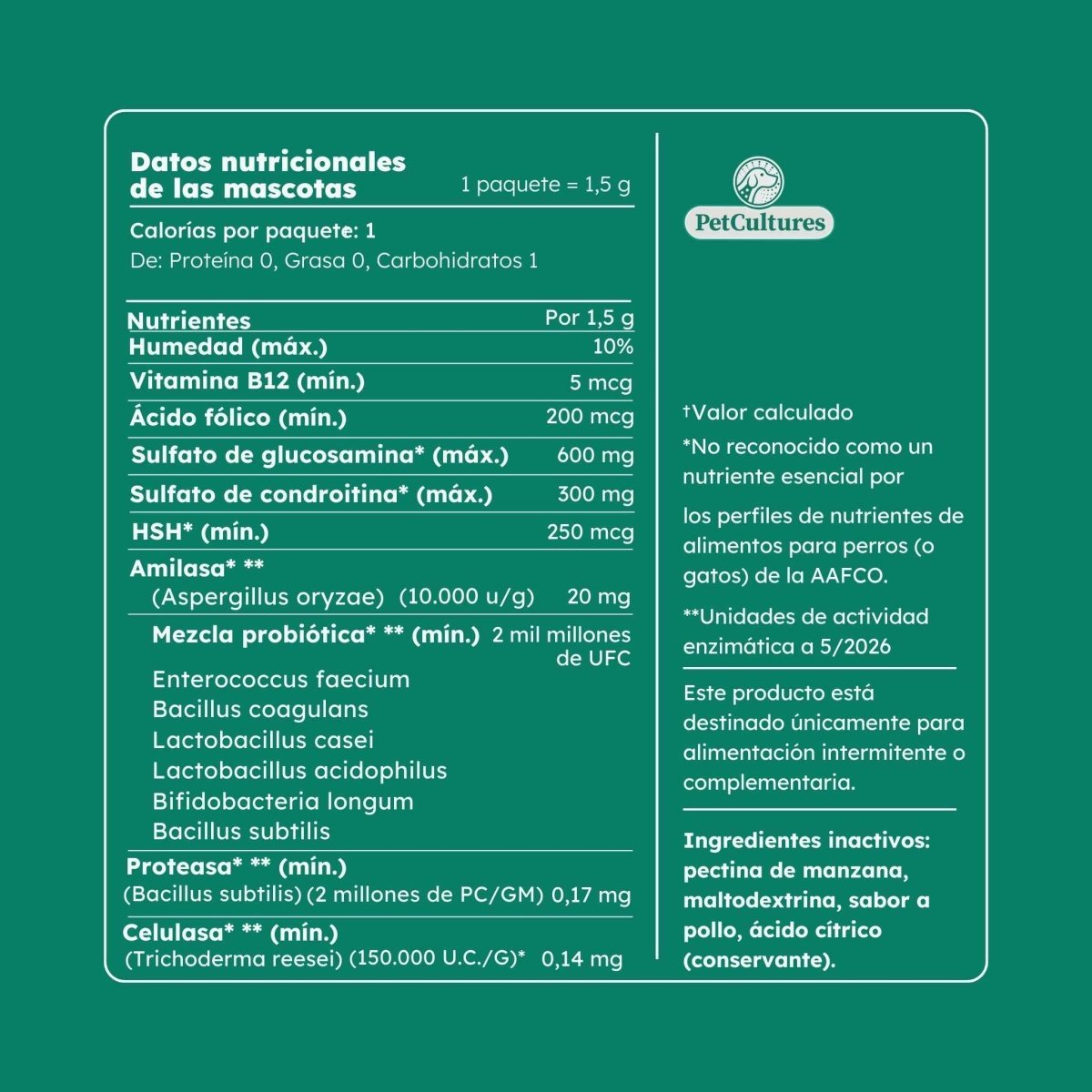 Cadera y Articulaciones| Absorcion superior de Glucosamina, MSM y Condroitina | Suplemento canino - PetCultures Canine Dog Probiotics Prebiotics Postbiotics Supplement For Gut Health Box Front