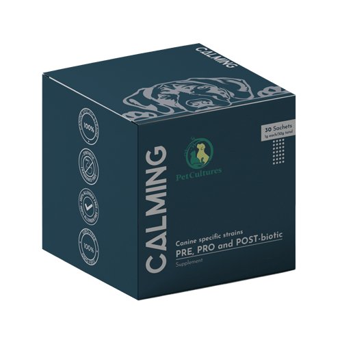 Calming | Proibiótico Calmante para perros | Suplemento canino profesional - PetCultures Canine Dog Probiotics Prebiotics Postbiotics Supplement For Gut Health Box Front