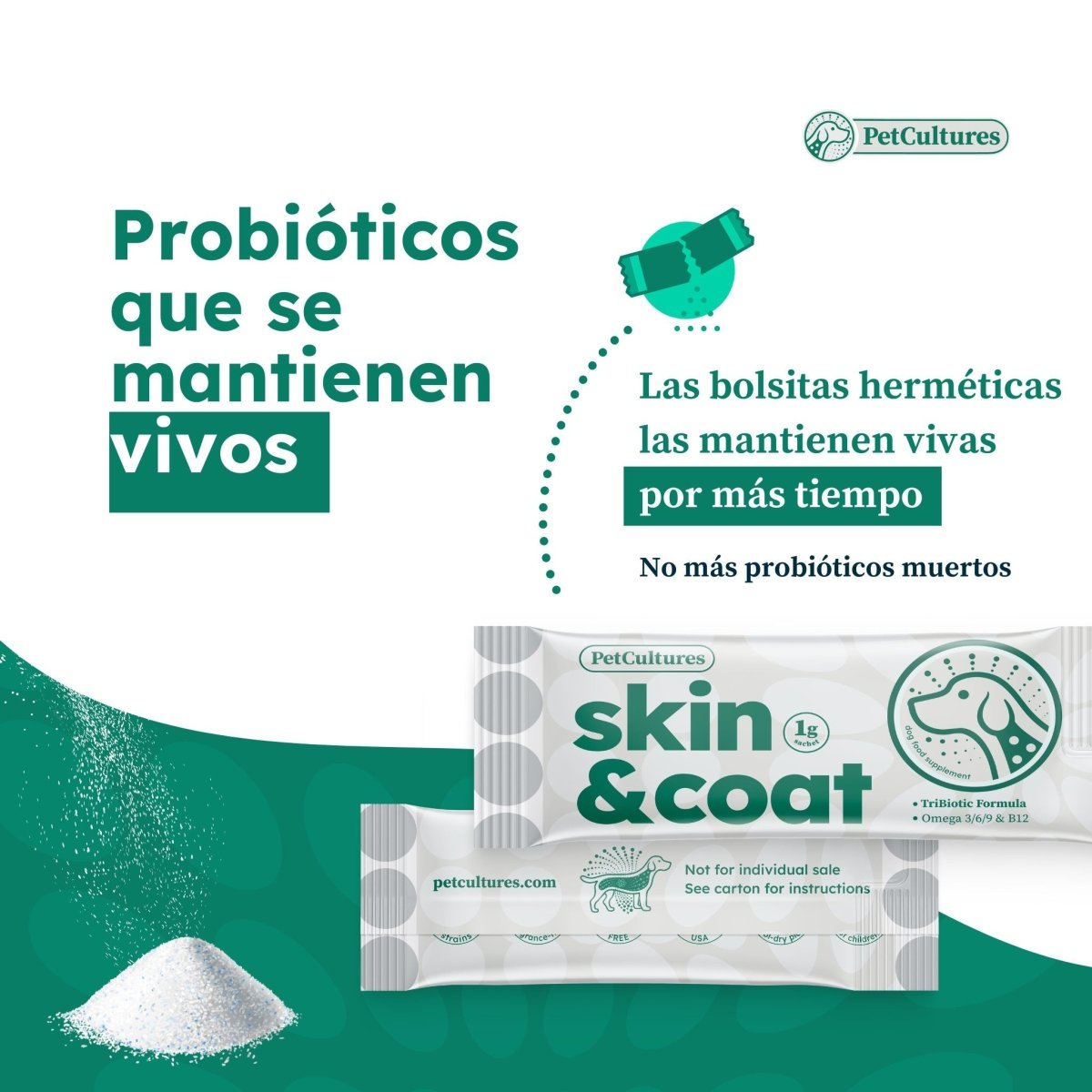Fácil de usar del suplemento en polvo Tribiótico de PetCultures para piel y pelaje, garantizando una dosis fresca y precisa.
