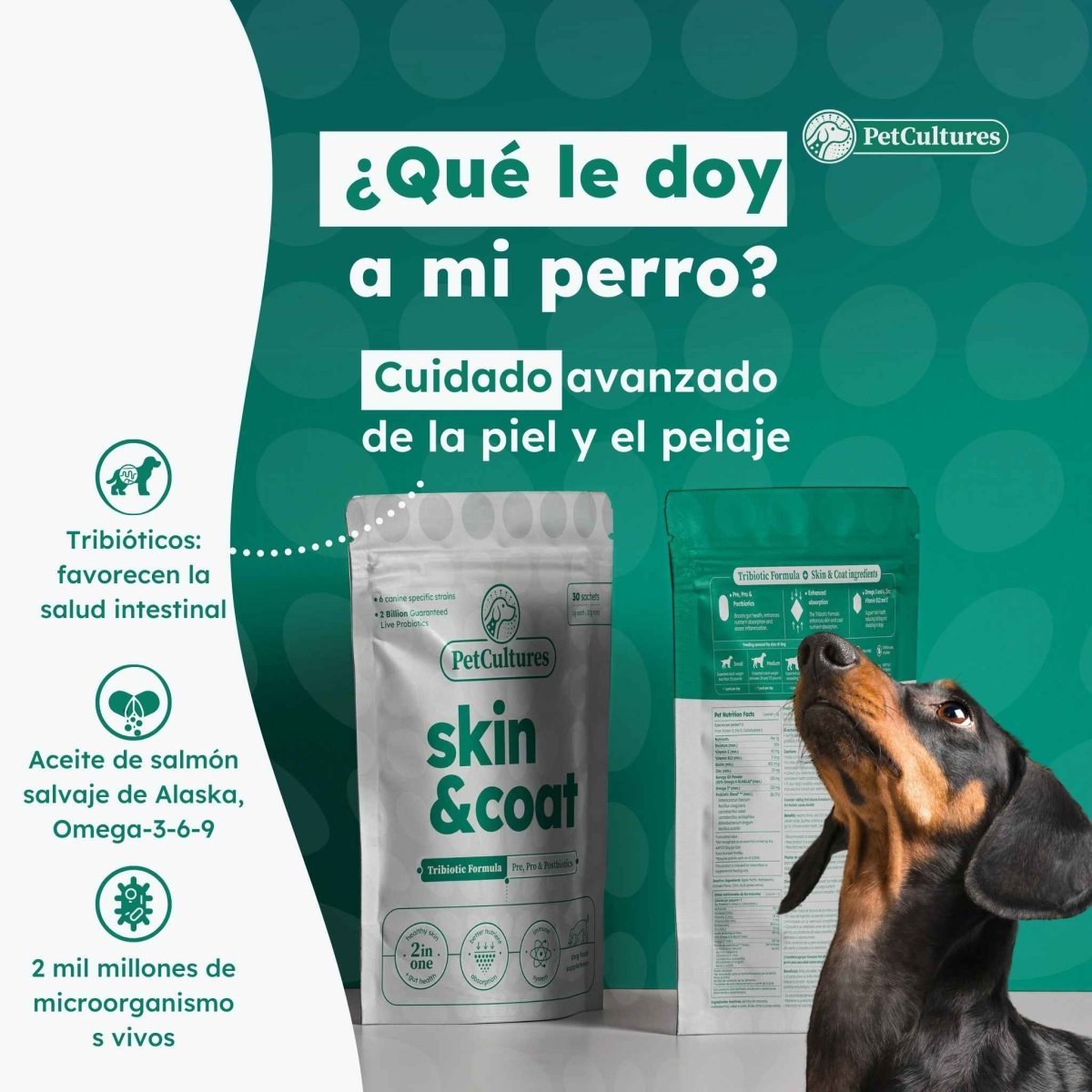 Ingredientes con respaldo científico en nuestra fórmula Tribiótica: Omega-3 de Aceite de Salmón, Biotina y Zinc.