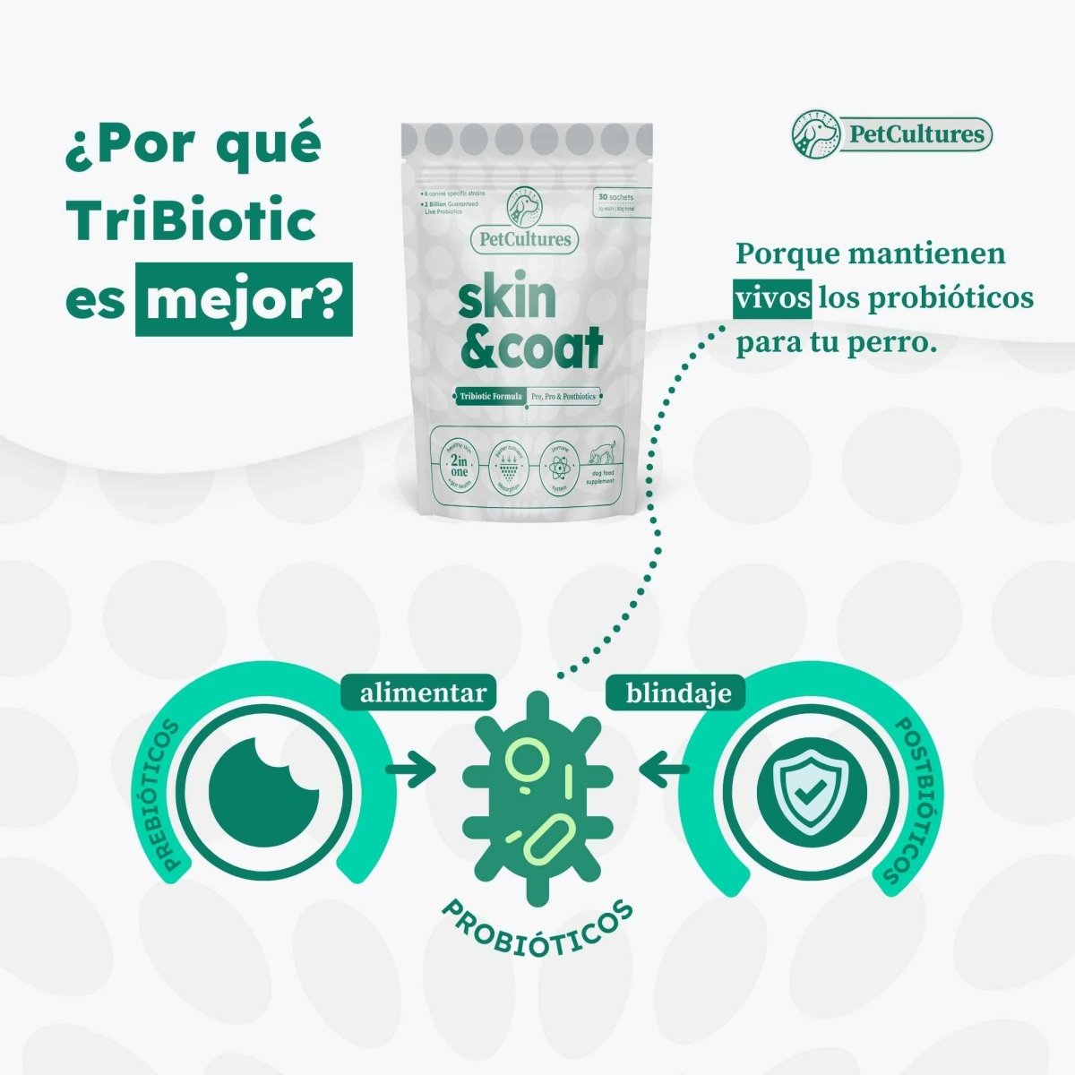 Fórmula Avanzada para Piel y Pelaje | Absorción superior de Aceite de Salmón y Omega - 3, 6, and 9 - PetCultures Canine Dog Probiotics Prebiotics Postbiotics Supplement For Gut Health Box Front