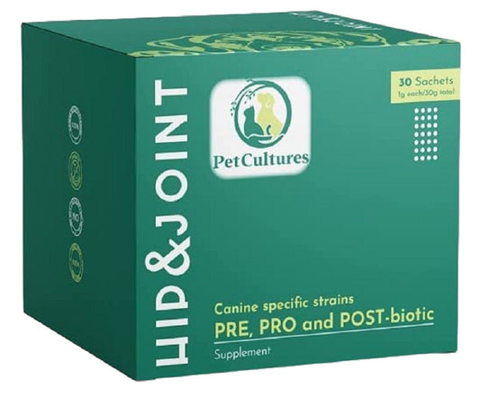 Hip & Joint | Absorción superior de Glucosamina, MSM y Condroitina. Suplemento canino - PetCultures Canine Dog Probiotics Prebiotics Postbiotics Supplement For Gut Health Box Front