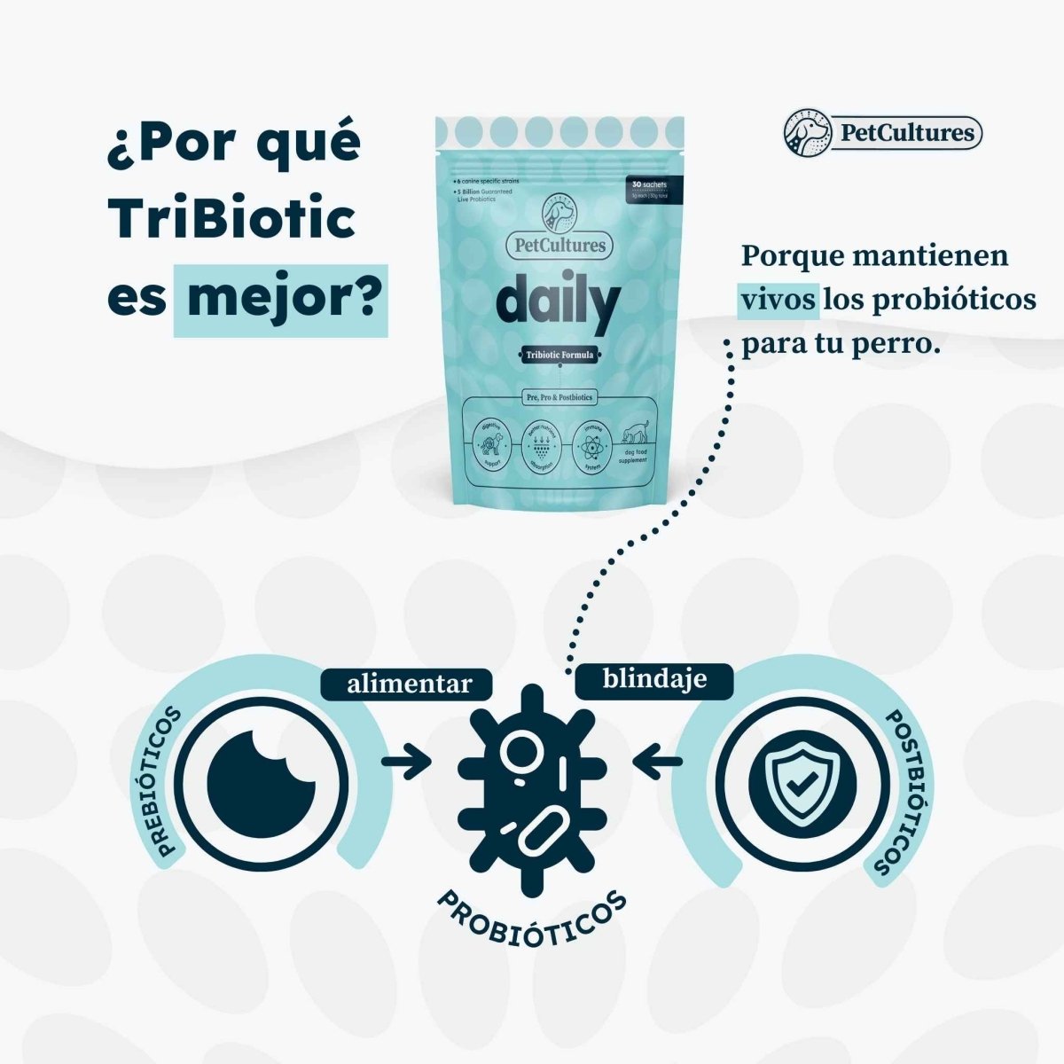 Probiotico Diario Superior - Prebiotico, Probi0tico y Postbiotico | 5 mil millones UFC - PetCultures Canine Dog Probiotics Prebiotics Postbiotics Supplement For Gut Health Box Front
