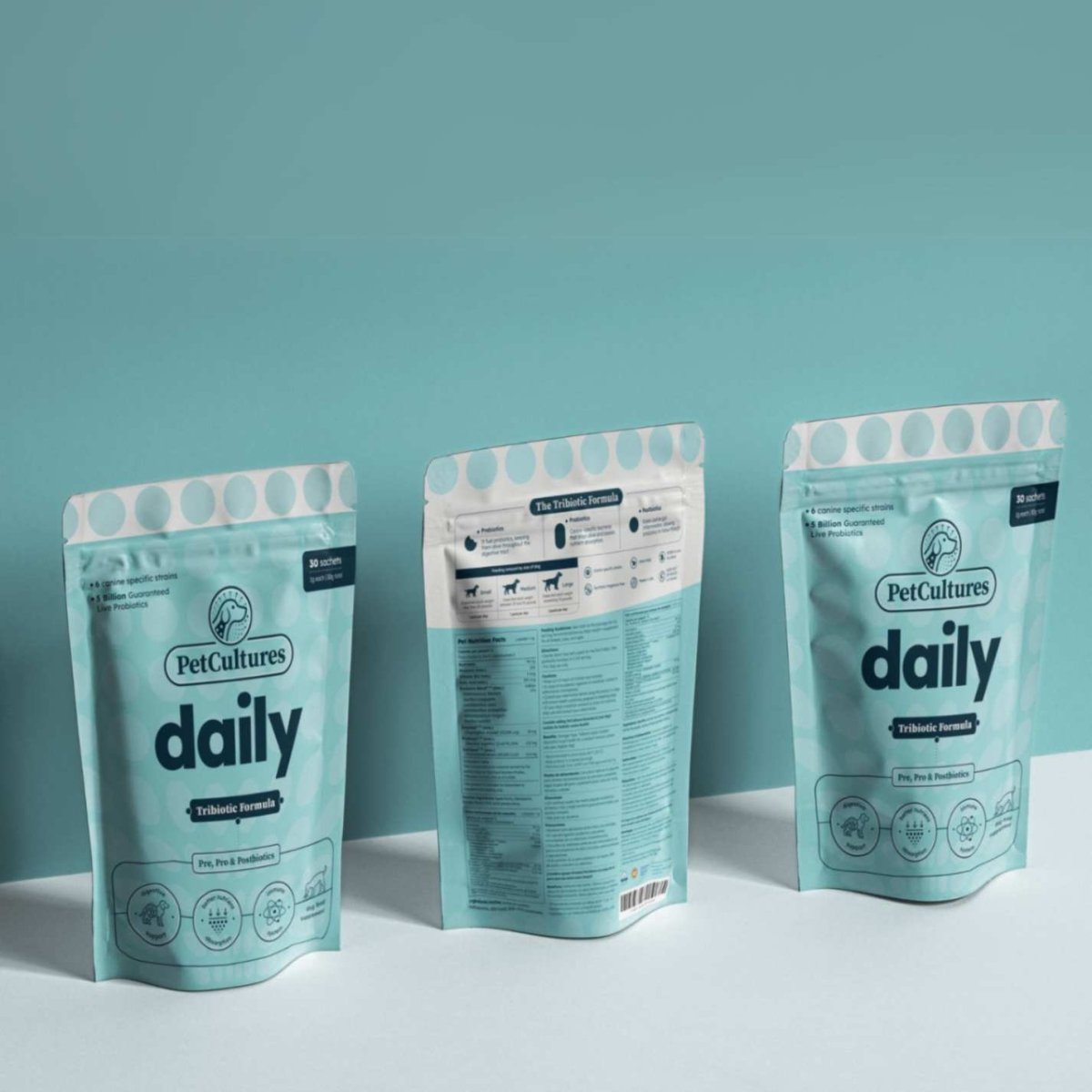 Probiotico Diario Superior - Prebiotico, Probi0tico y Postbiotico | 5 mil millones UFC - PetCultures Canine Dog Probiotics Prebiotics Postbiotics Supplement For Gut Health Box Front